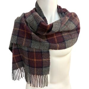 Plaid Wool Scarf – Grey, Burgundy & Rust Check - 12.5″ x 66″